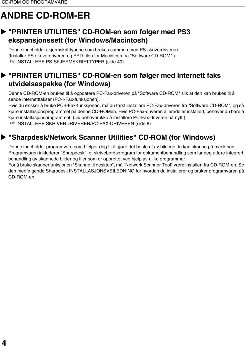 ) INSTALLERE PS-SKJERMSKRIFTTYPER (side 40) "PRINTER UTILITIES" CD-ROM-en som følger med Internett faks utvidelsespakke (for Windows) Denne CD-ROM-en brukes til å oppdatere PC-Fax-driveren på