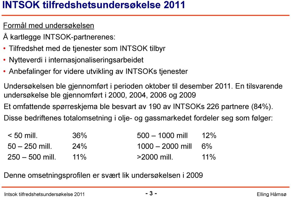 En tilsvarende undersøkelse ble gjennomført i 2000, 2004, 2006 og 2009 Et omfattende spørreskjema ble besvart av 190 av INTSOKs 226 partnere (84%).