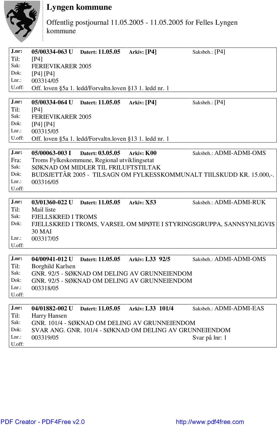 : ADMI-ADMI-OMS Fra: Troms Fylkes, Regional utviklingsetat Sak: SØKNAD OM MIDLER TIL FRILUFTSTILTAK Dok: BUDSJETTÅR 2005 - TILSAGN OM FYLKESSKOMMUNALT TIILSKUDD KR. 15.000,-. Lnr.: 003316/05 J.