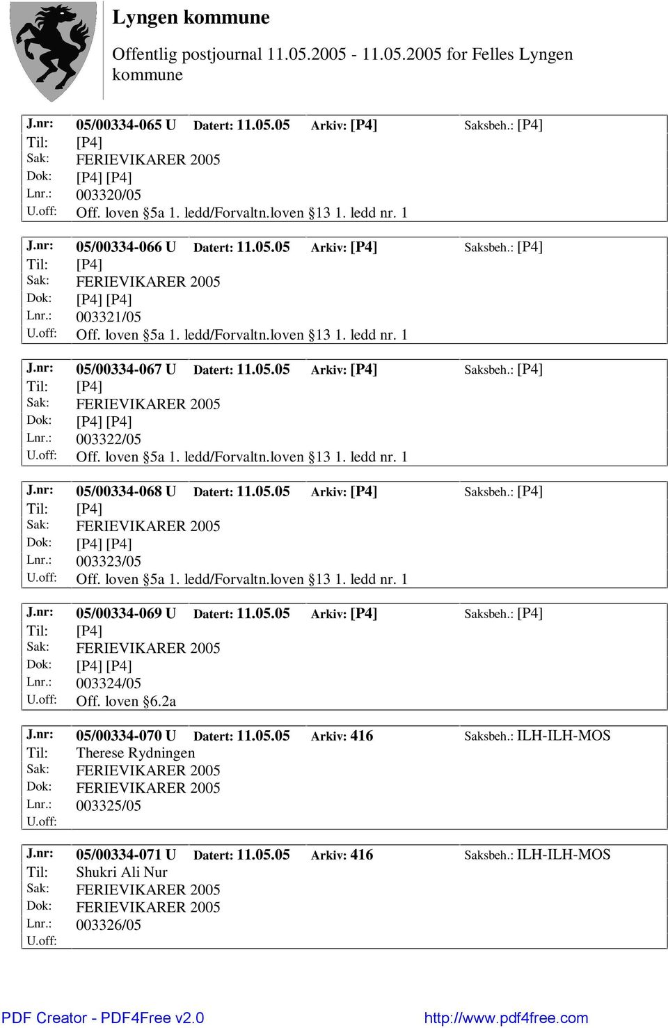 05.05 Arkiv: [P4] Saksbeh.: [P4] Lnr.: 003323/05 Off. loven 5a 1. ledd/forvaltn.loven 13 1. ledd nr. 1 J.nr: 05/00334-069 U Datert: 11.05.05 Arkiv: [P4] Saksbeh.: [P4] Lnr.: 003324/05 Off. loven 6.