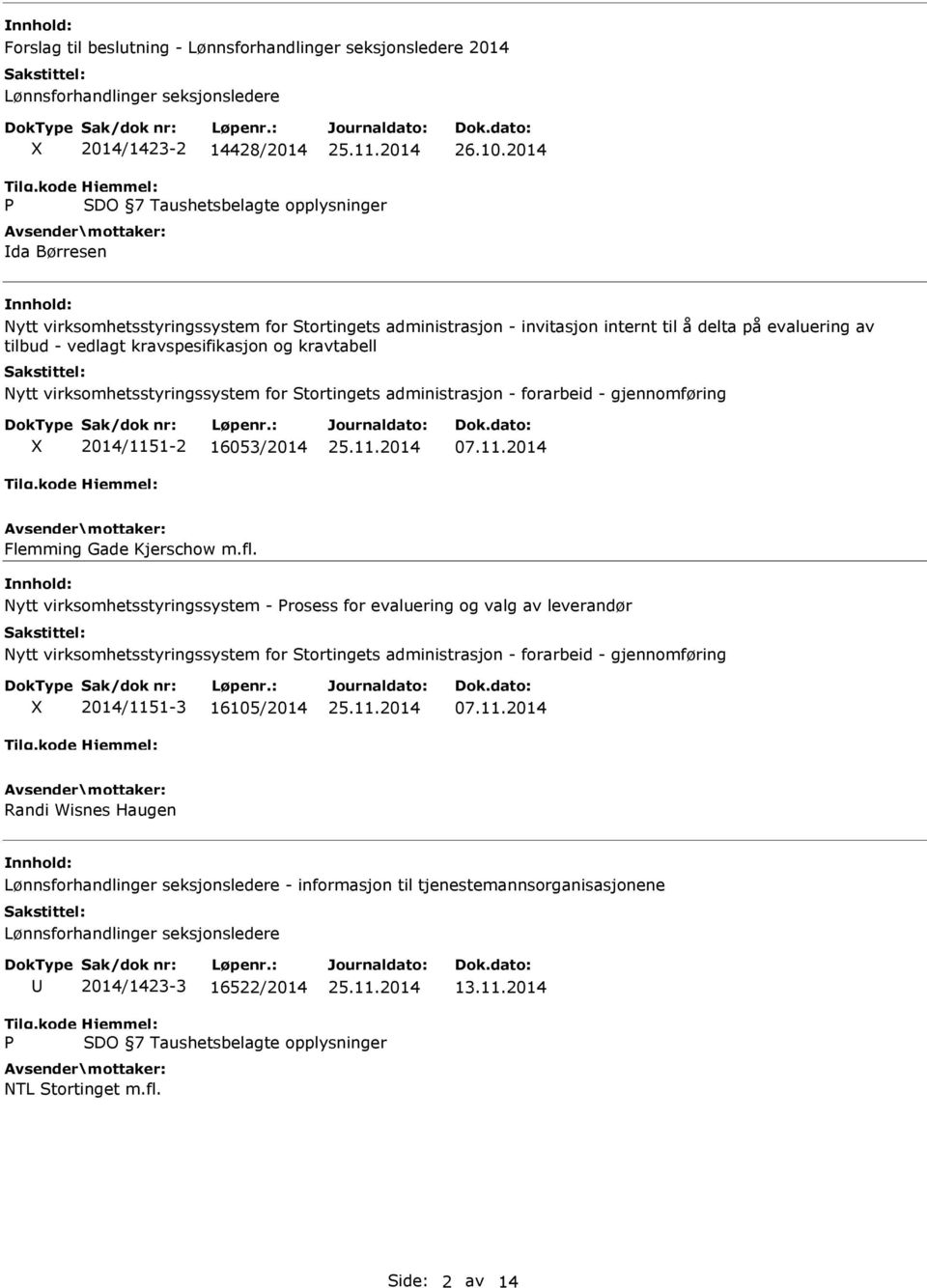 kravspesifikasjon og kravtabell Nytt virksomhetsstyringssystem for Stortingets administrasjon - forarbeid - gjennomføring 2014/1151-2 16053/2014 07.11.2014 Flemming Gade Kjerschow m.fl.