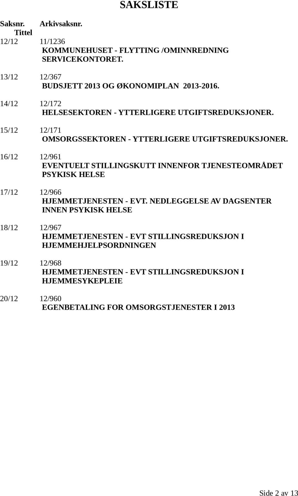 16/12 12/961 EVENTUELT STILLINGSKUTT INNENFOR TJENESTEOMRÅDET PSYKISK HELSE 17/12 12/966 HJEMMETJENESTEN - EVT.