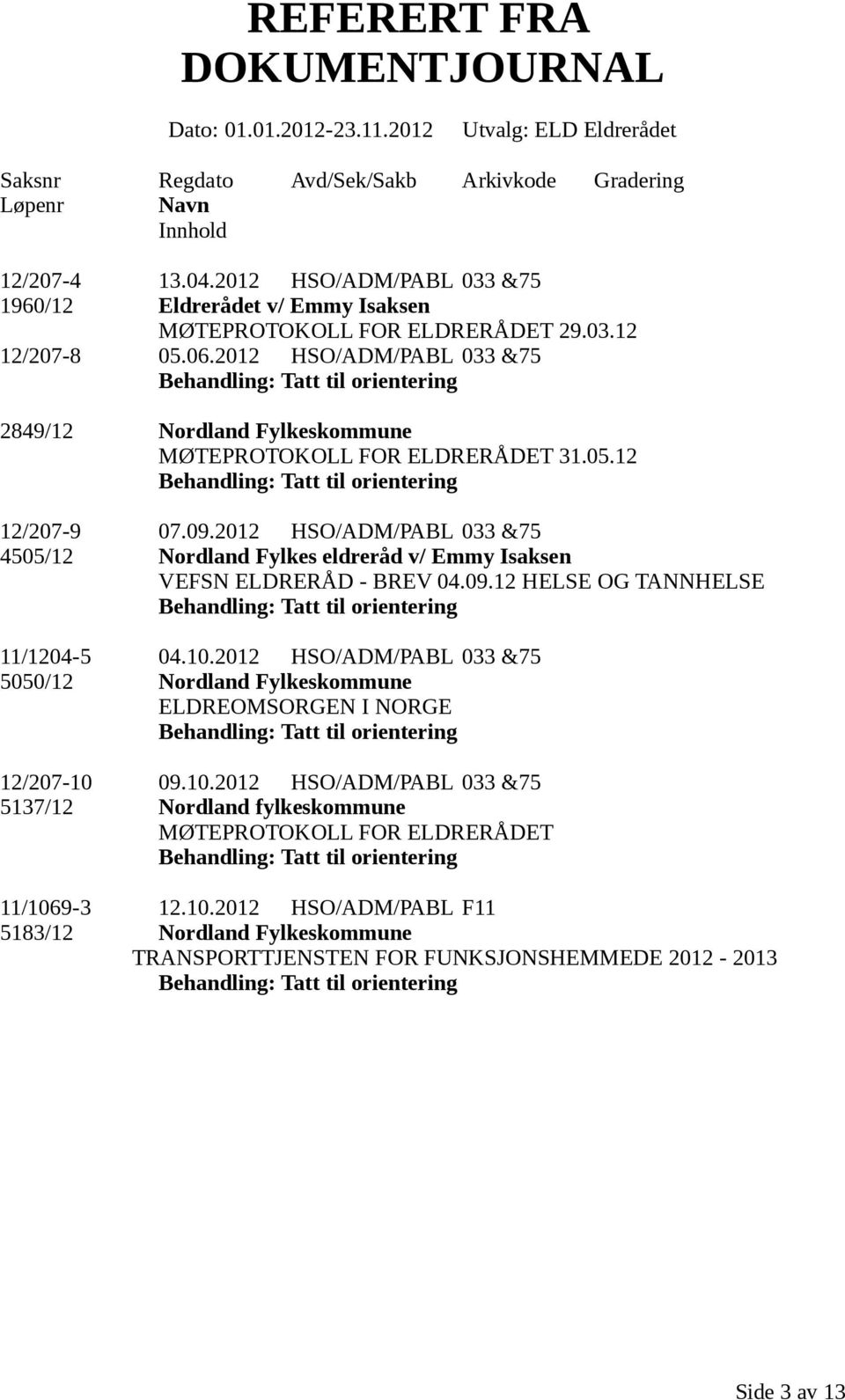 2012 HSO/ADM/PABL 033 &75 Tatt til orientering 2849/12 Nordland Fylkeskommune MØTEPROTOKOLL FOR ELDRERÅDET 31.05.12 Tatt til orientering 12/207-9 07.09.