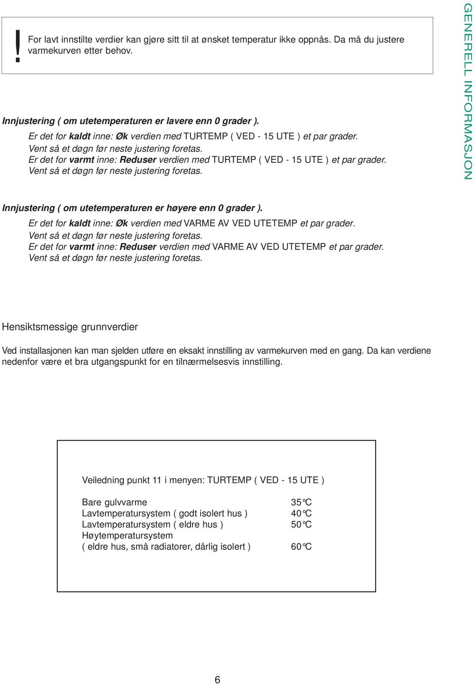 Er det for varmt inne: Reduser verdien med TURTEMP ( VED - 15 UTE ) et par grader. Vent så et døgn før neste justering foretas.