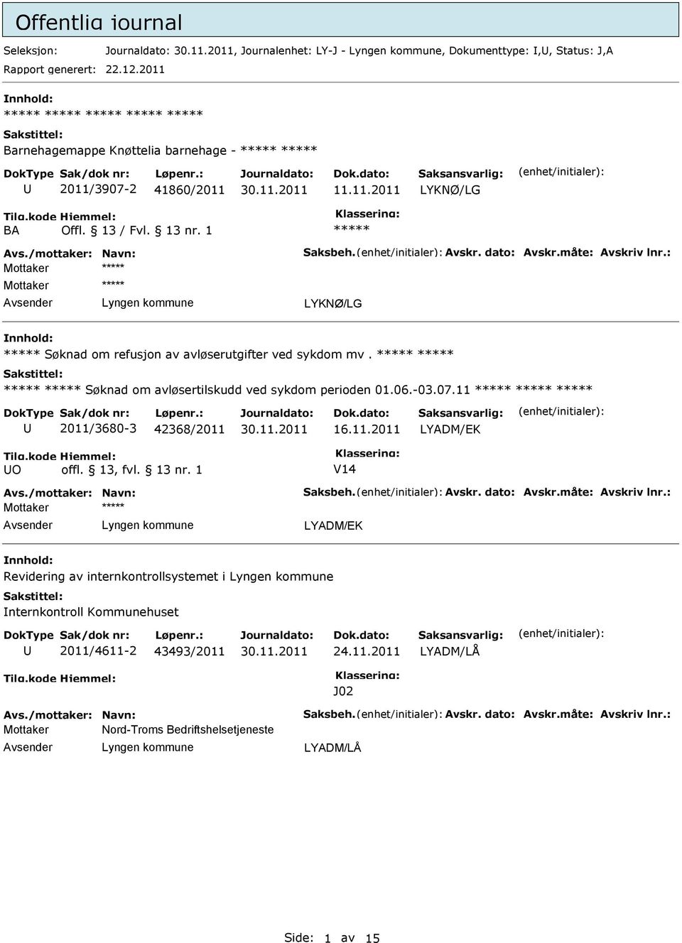 06.-03.07.11 2011/3680-3 42368/2011 16.11.2011 LYADM/EK O offl. 13, fvl. 13 nr. 1 V14 Avs./mottaker: Navn: Saksbeh. Avskr. dato: Avskr.måte: Avskriv lnr.