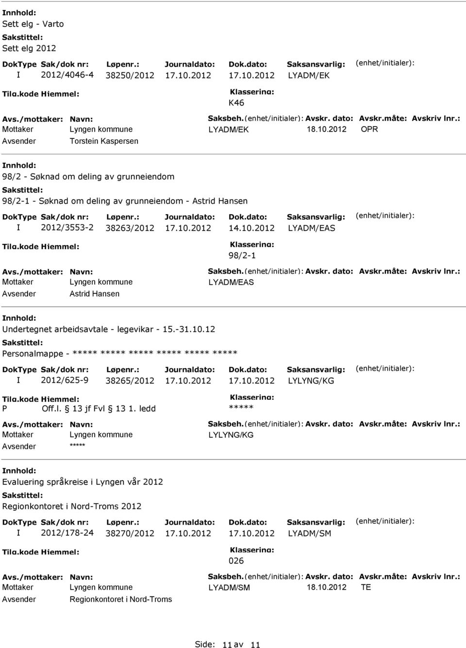 /mottaker: Navn: Saksbeh. Avskr. dato: Avskr.måte: Avskriv lnr.: LYADM/AS Astrid Hansen ndertegnet arbeidsavtale - legevikar - 15.-31.10.12 Personalmappe - 2012/625-9 38265/2012 LYLYNG/KG P Off.l. 13 jf Fvl 13 1.