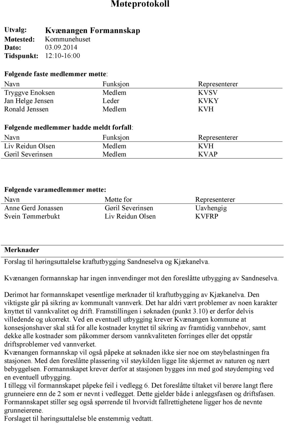 meldt forfall: Navn Funksjon Representerer Liv Reidun Olsen Medlem KVH Gøril Severinsen Medlem KVAP Følgende varamedlemmer møtte: Navn Møtte for Representerer Anne Gerd Jonassen Svein Tømmerbukt