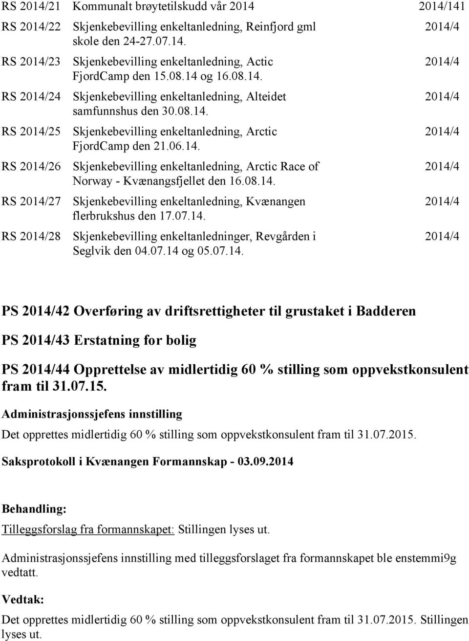 06.14. Skjenkebevilling enkeltanledning, Arctic Race of Norway - Kvænangsfjellet den 16.08.14. Skjenkebevilling enkeltanledning, Kvænangen flerbrukshus den 17.07.14. Skjenkebevilling enkeltanledninger, Revgården i Seglvik den 04.