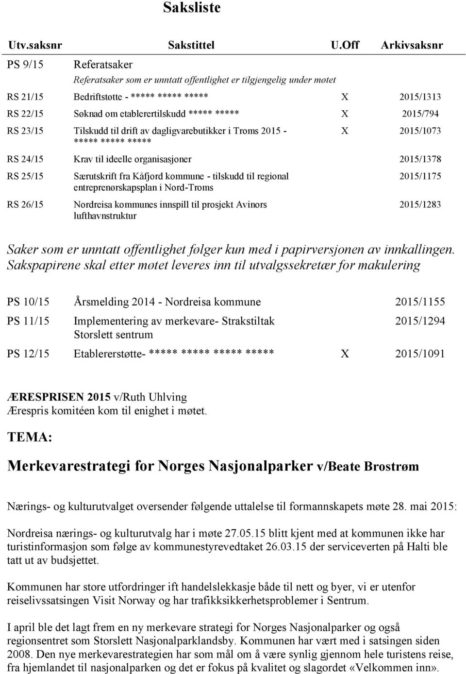 ***** ***** X 2015/794 RS 23/15 Tilskudd til drift av dagligvarebutikker i Troms 2015 - ***** ***** ***** X 2015/1073 RS 24/15 Krav til ideelle organisasjoner 2015/1378 RS 25/15 RS 26/15 Særutskrift