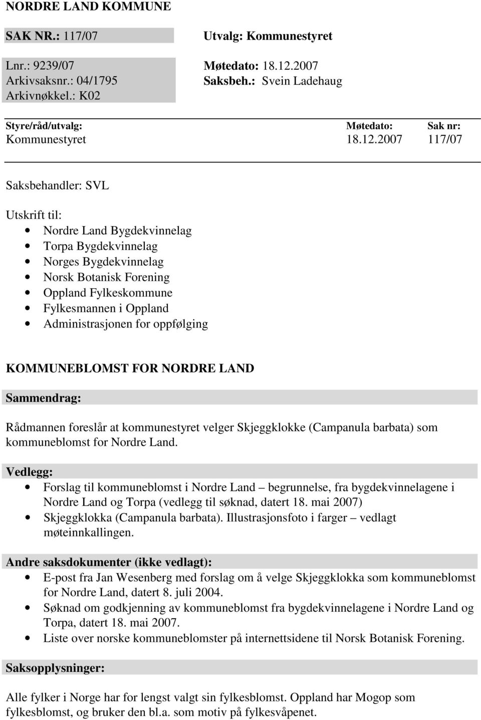 2007 117/07 Saksbehandler: SVL Utskrift til: Nordre Land Bygdekvinnelag Torpa Bygdekvinnelag Norges Bygdekvinnelag Norsk Botanisk Forening Oppland Fylkeskommune Fylkesmannen i Oppland