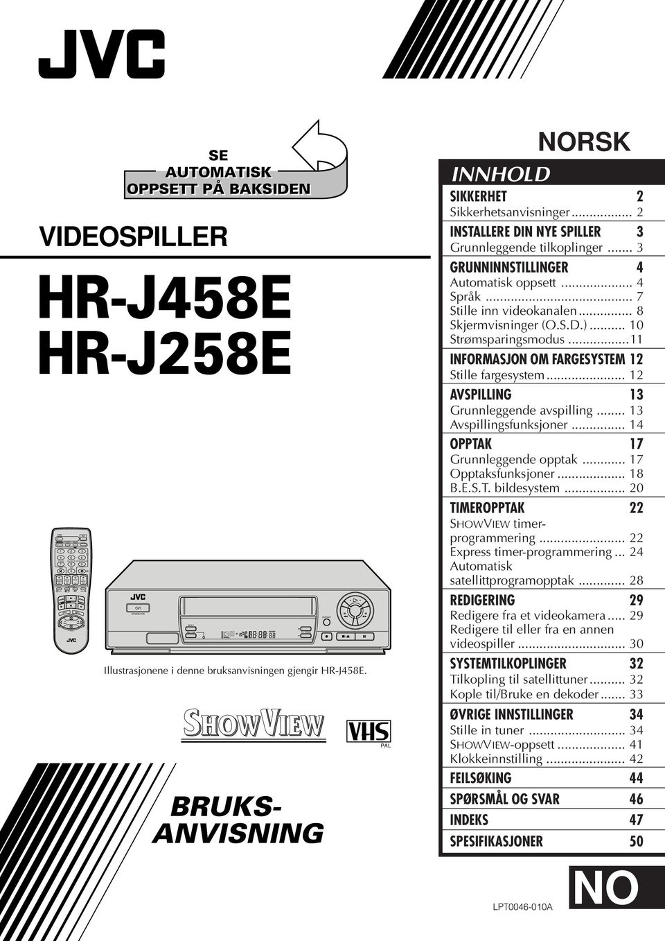 HR-J58E 5 6 MENU Illustrasjonene i denne bruksanvisningen gjengir HR-J58E. SP VCR BRUKS- ANVISNING PAL NORSK INNHOLD SIKKERHET Sikkerhetsanvisninger.