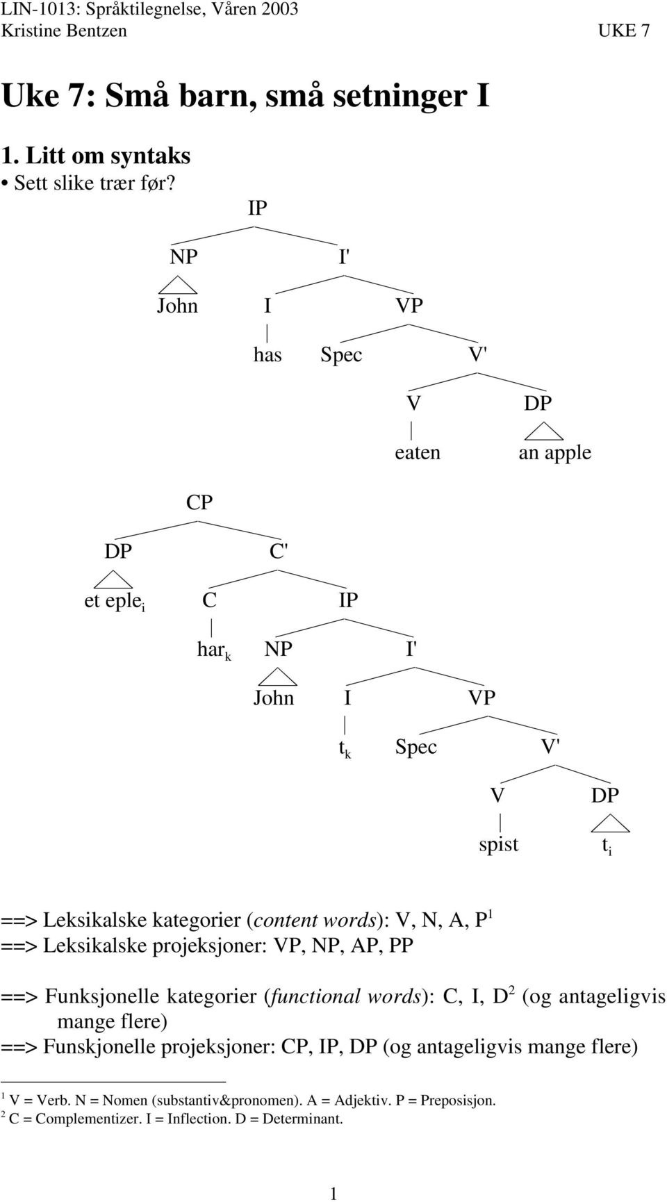 spist t i ==> Leksikalske kateorier (content rds): V, N, A, P 1 ==> Leksikalske projeksjoner: VP, NP, AP, PP ==> Funksjonelle kateorier (functional rds): C,