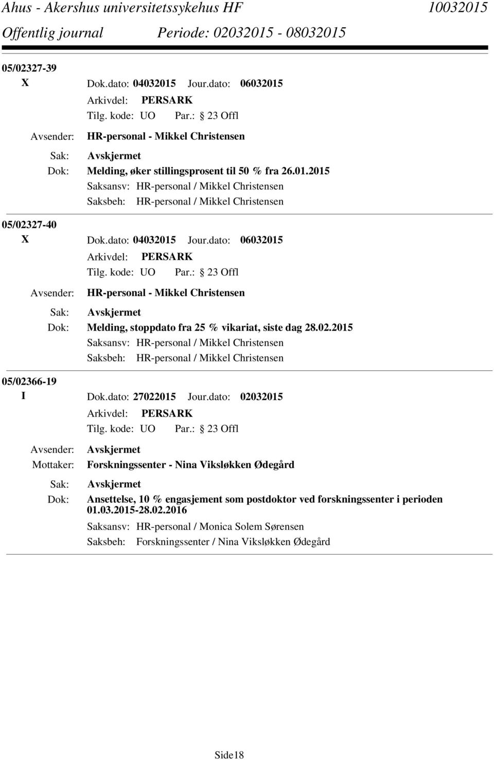 2015 Saksansv: HR-personal / Mikkel Christensen 05/02366-19 I Dok.dato: 27022015 Jour.