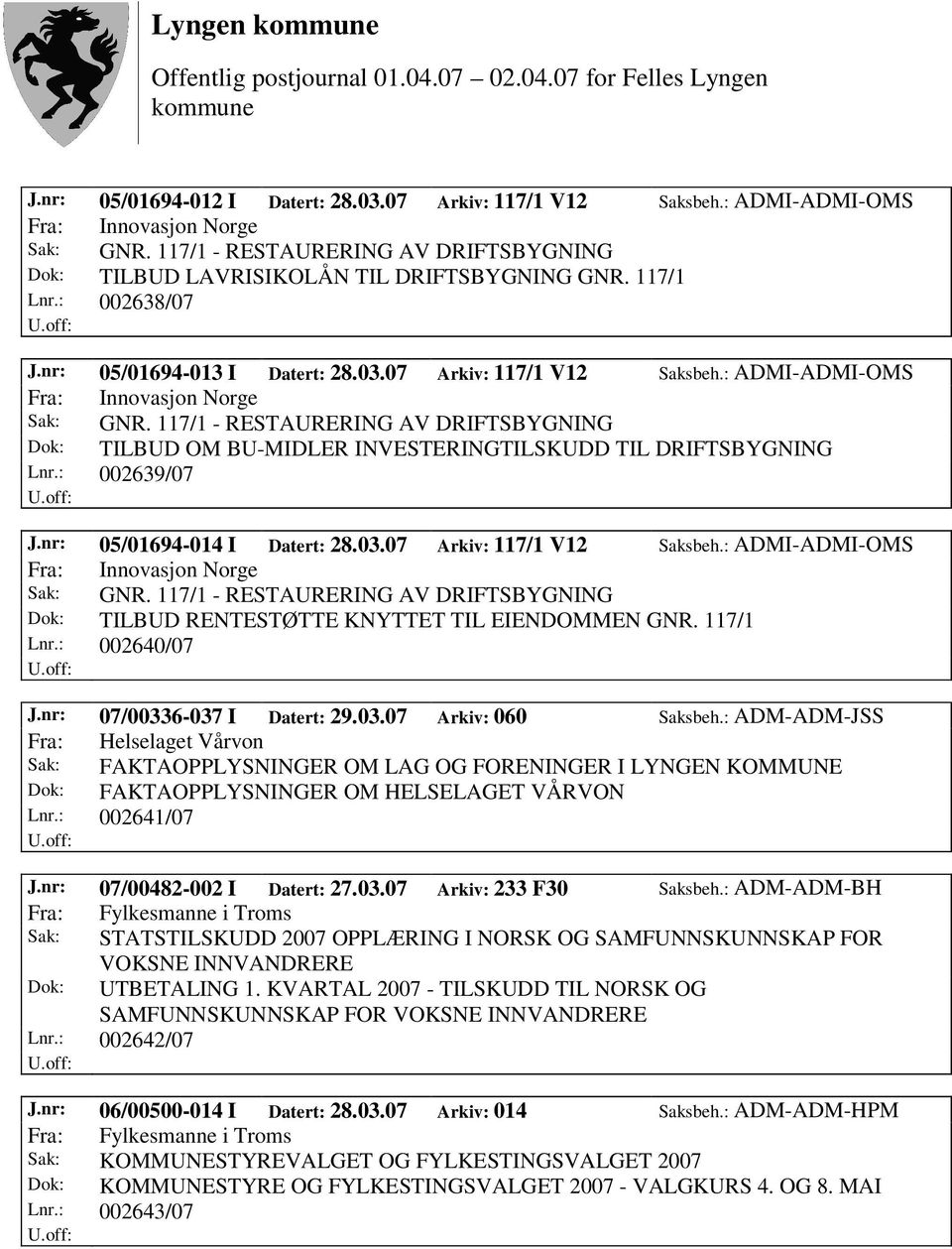 117/1 - RESTAURERING AV DRIFTSBYGNING Dok: TILBUD OM BU-MIDLER INVESTERINGTILSKUDD TIL DRIFTSBYGNING Lnr.: 002639/07 J.nr: 05/01694-014 I Datert: 28.03.07 Arkiv: 117/1 V12 Saksbeh.