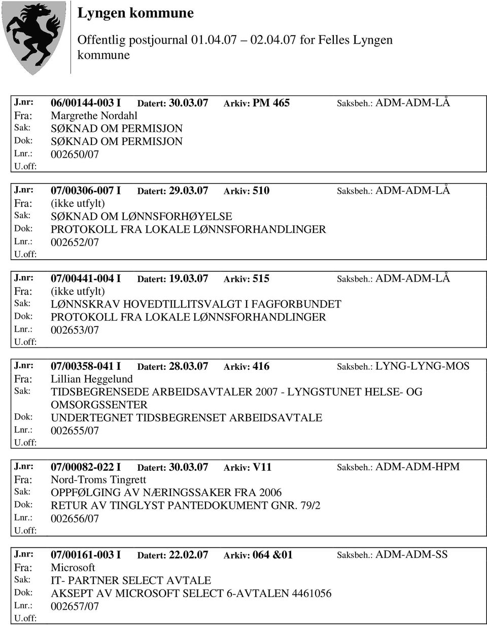 : ADM-ADM-LÅ Fra: (ikke utfylt) Sak: LØNNSKRAV HOVEDTILLITSVALGT I FAGFORBUNDET Dok: PROTOKOLL FRA LOKALE LØNNSFORHANDLINGER Lnr.: 002653/07 J.nr: 07/00358-041 I Datert: 28.03.07 Arkiv: 416 Saksbeh.