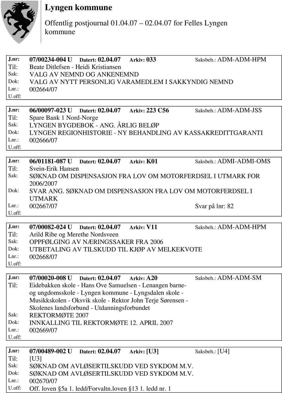 07 Arkiv: 223 C56 Saksbeh.: ADM-ADM-JSS Til: Spare Bank 1 Nord-Norge Sak: LYNGEN BYGDEBOK - ANG. ÅRLIG BELØP Dok: LYNGEN REGIONHISTORIE - NY BEHANDLING AV KASSAKREDITTGARANTI Lnr.: 002666/07 J.