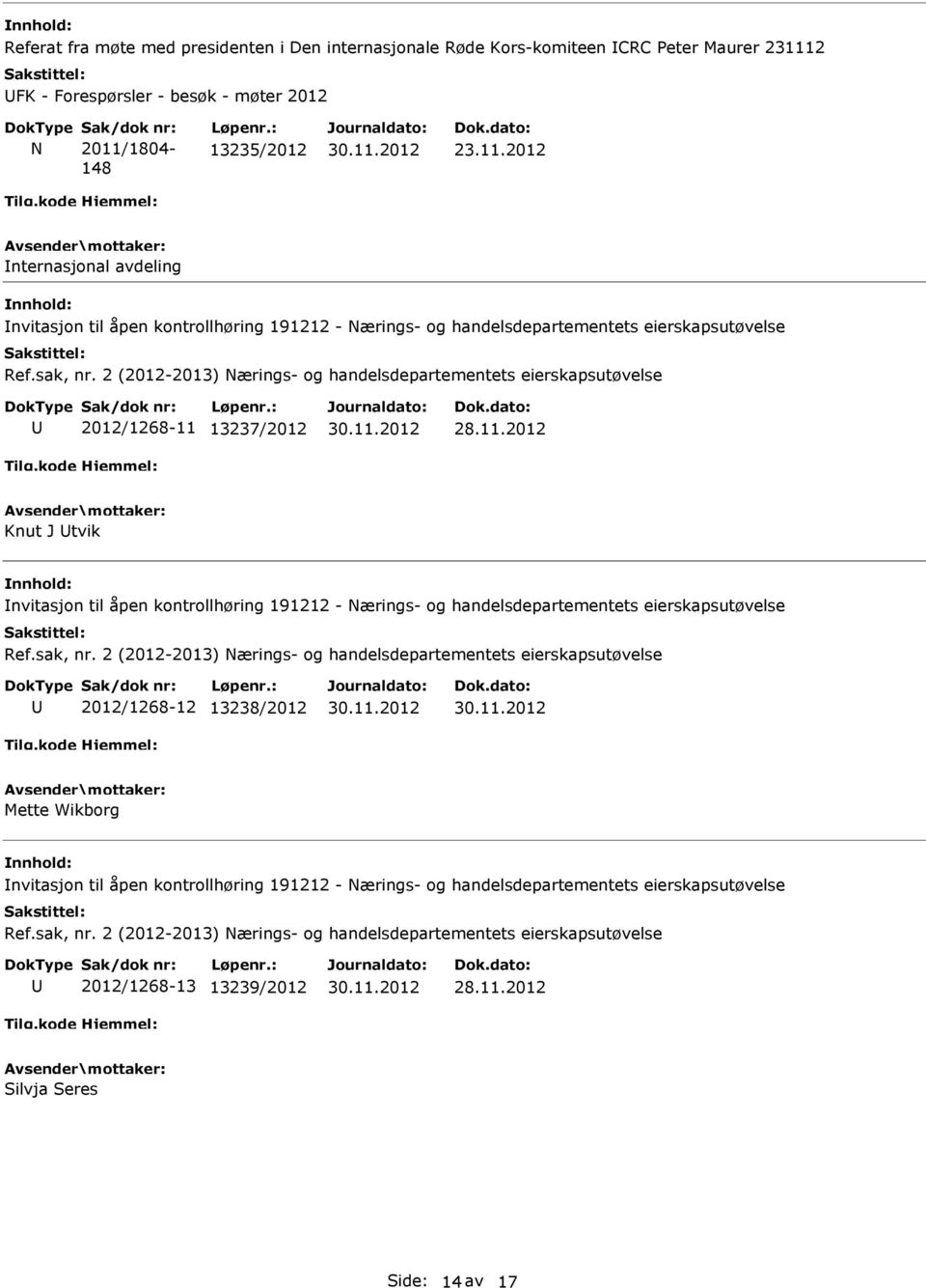 2012 nternasjonal avdeling nvitasjon til åpen kontrollhøring 191212 - Nærings- og handelsdepartementets eierskapsutøvelse 2012/1268-11 13237/2012 Knut