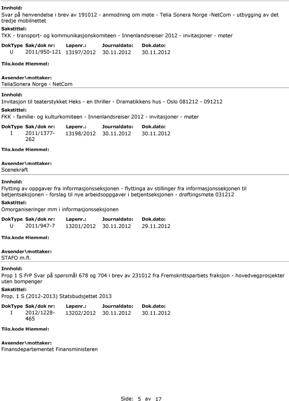 nnenlandsreiser 2012 - invitasjoner - møter 2011/1377-262 13198/2012 Scenekraft Flytting av oppgaver fra informasjonsseksjonen - flyttinga av stillinger fra informasjonssekjonen til betjentseksjonen