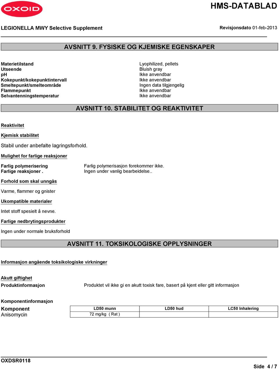 tilgjengelig AVSNITT 10. STABILITET OG REAKTIVITET Reaktivitet Kjemisk stabilitet Stabil under anbefalte lagringsforhold. Mulighet for farlige reaksjoner Farlig polymerisering Farlige reaksjoner.