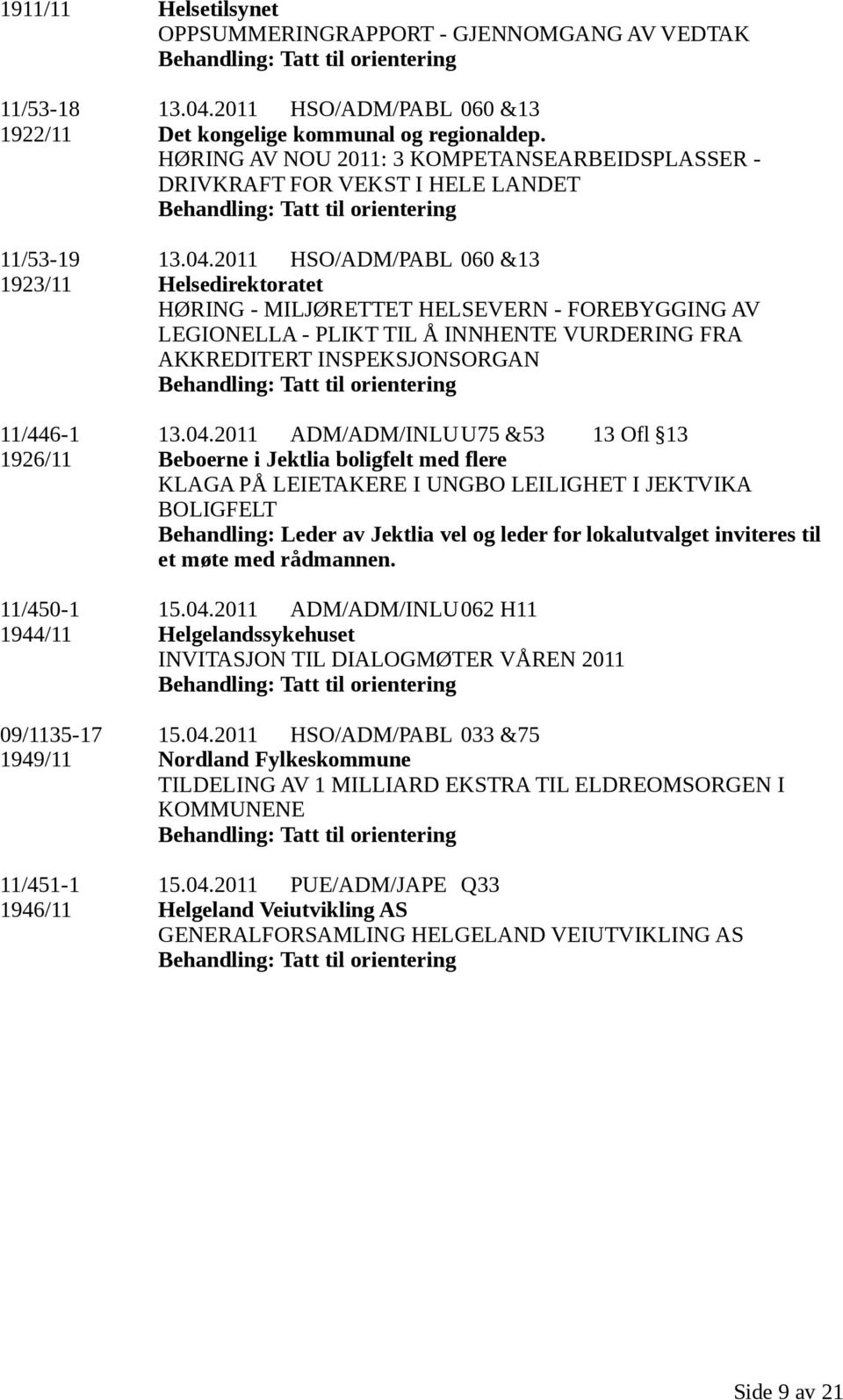 2011 HSO/ADM/PABL 060 &13 1923/11 Helsedirektoratet HØRING - MILJØRETTET HELSEVERN - FOREBYGGING AV LEGIONELLA - PLIKT TIL Å INNHENTE VURDERING FRA AKKREDITERT INSPEKSJONSORGAN 11/446-1 13.04.