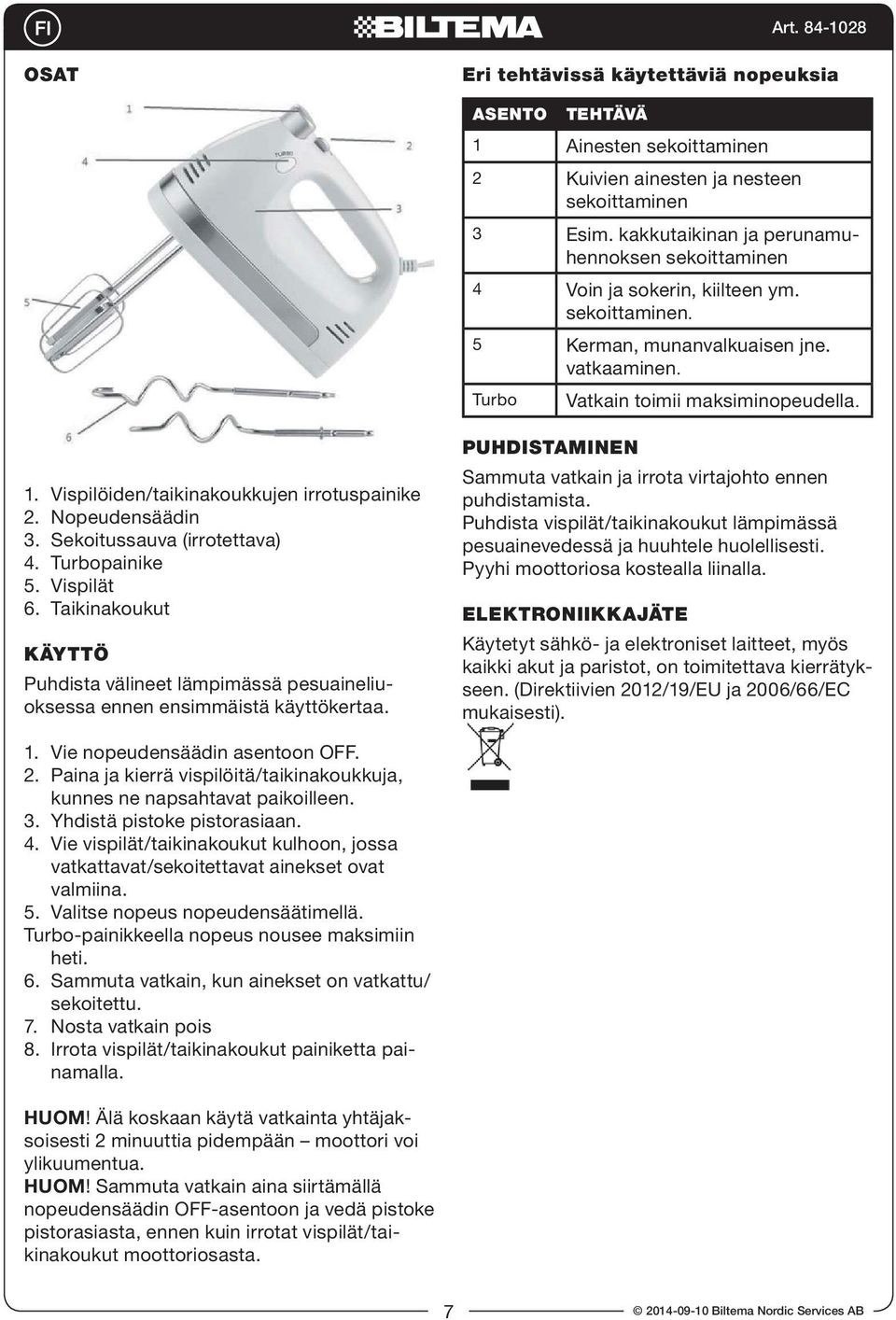 Vispilöiden/taikinakoukkujen irrotuspainike 2. Nopeudensäädin 3. Sekoitussauva (irrotettava) 4. Turbopainike 5. Vispilät 6.