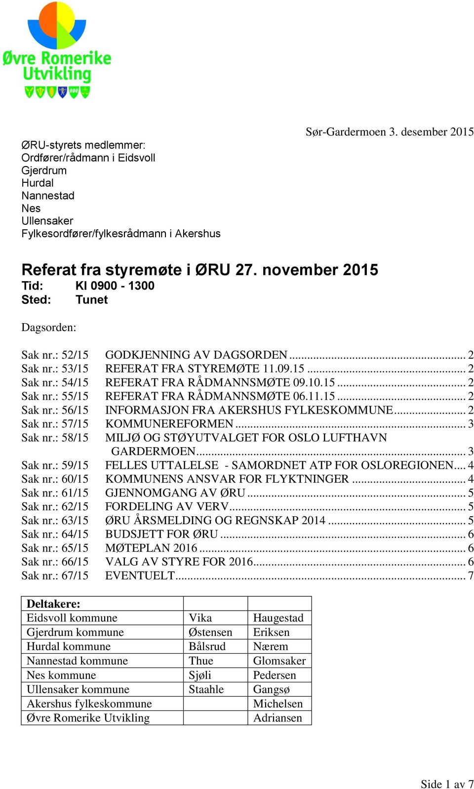 11.15... 2 Sak nr.: 56/15 INFORMASJON FRA AKERSHUS FYLKESKOMMUNE... 2 Sak nr.: 57/15 KOMMUNEREFORMEN... 3 Sak nr.: 58/15 MILJØ OG STØYUTVALGET FOR OSLO LUFTHAVN GARDERMOEN... 3 Sak nr.: 59/15 FELLES UTTALELSE - SAMORDNET ATP FOR OSLOREGIONEN.