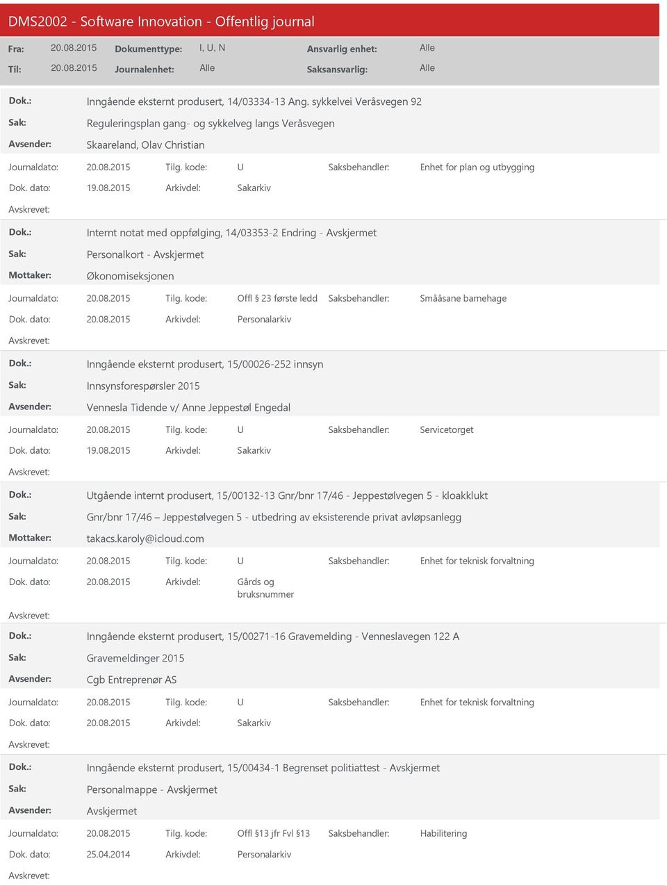 Smååsane barnehage Inngående eksternt produsert, 15/00026-252 innsyn Innsynsforespørsler 2015 Vennesla Tidende v/ Anne Jeppestøl Engedal Servicetorget tgående internt produsert, 15/00132-13 Gnr/bnr