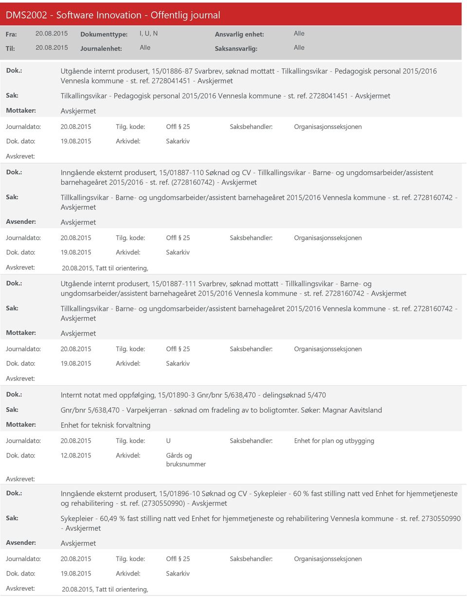 2728041451 - Inngående eksternt produsert, 15/01887-110 Søknad og CV - Tillkallingsvikar - Barne- og ungdomsarbeider/assistent barnehageåret 2015/2016 - st. ref.