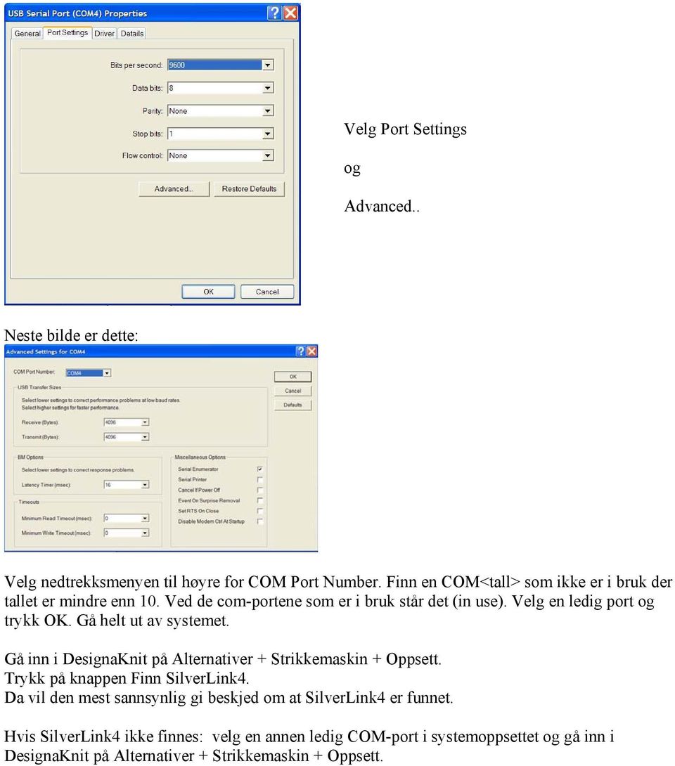 Velg en ledig port og trykk OK. Gå helt ut av systemet. Gå inn i DesignaKnit på Alternativer + Strikkemaskin + Oppsett.