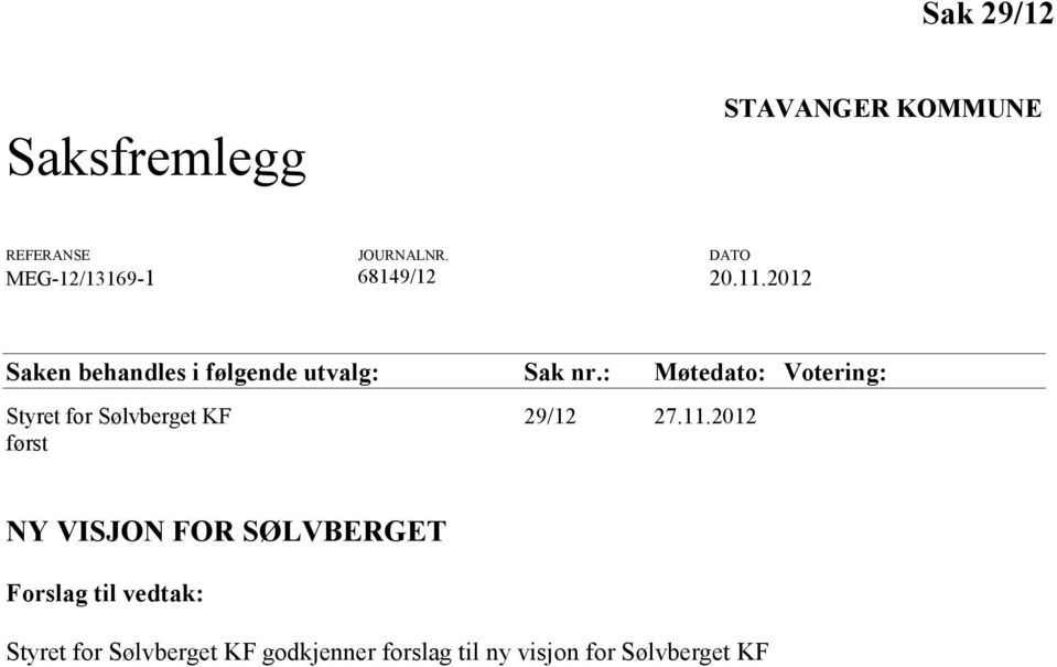: Møtedato: Votering: Styret for Sølvberget KF 29/12 27.11.