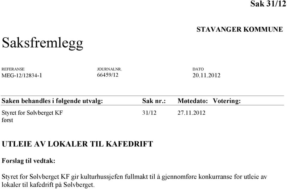 : Møtedato: Votering: Styret for Sølvberget KF 31/12 27.11.