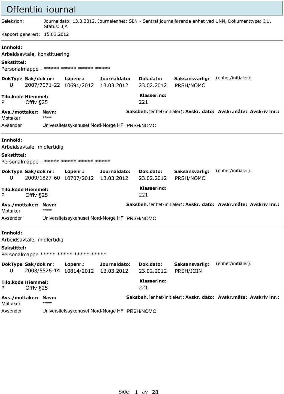 : niversitetssykehuset Nord-Norge HF RSH/NOMO Arbeidsavtale, midlertidig ersonalmappe - ***** ***** ***** ***** 2009/1827-60 10707/2012 23.02.2012 RSH/NOMO Avs./mottaker: Navn: Saksbeh. Avskr.