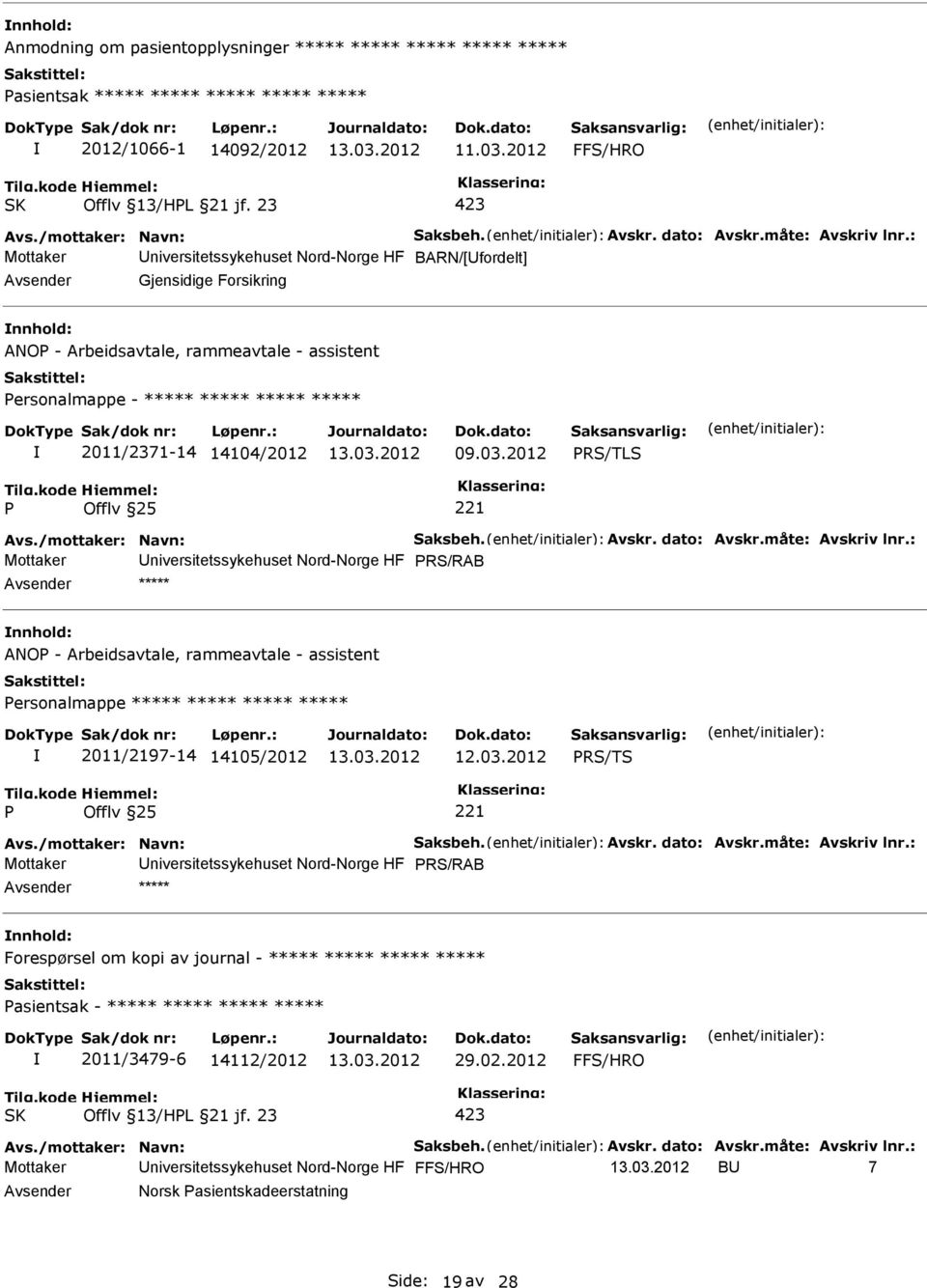 : Mottaker niversitetssykehuset Nord-Norge HF BARN/[fordelt] Gjensidige Forsikring ANO - Arbeidsavtale, rammeavtale - assistent ersonalmappe - ***** ***** ***** ***** 2011/2371-14 14104/2012 09.03.