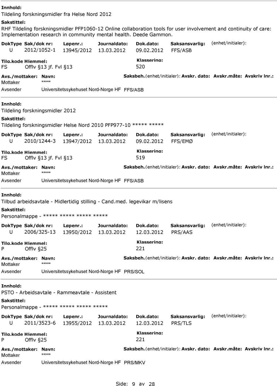 : niversitetssykehuset Nord-Norge HF FFS/ASB Tildeling forskningsmidler 2012 Tildeling forskningsmidler Helse Nord 2010 F977-10 ***** ***** 2010/1244-3 13947/2012 09.02.2012 FFS/EMØ FS 519 Avs.