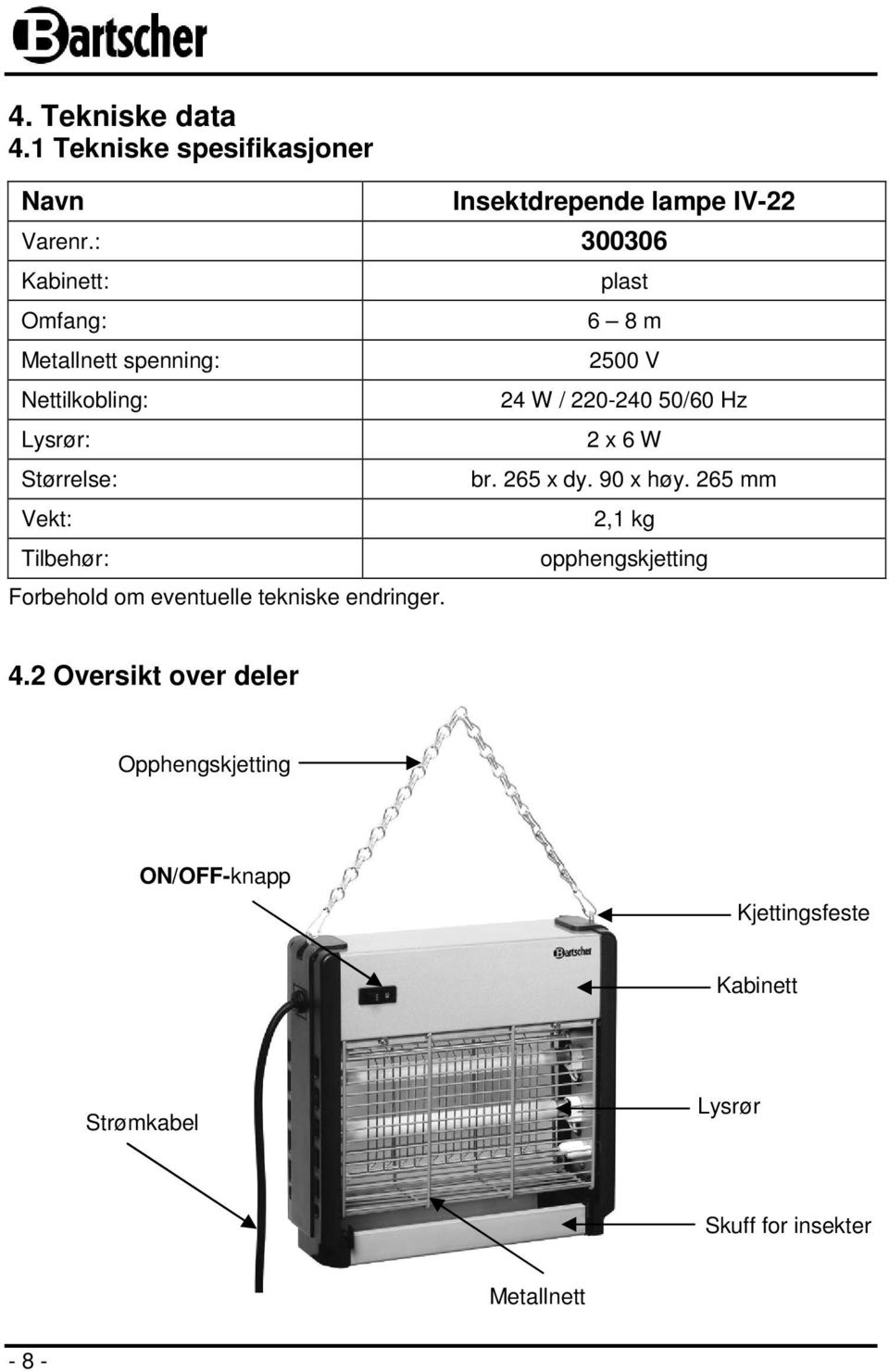 eventuelle tekniske endringer. plast 6 8 m 2500 V 24 W / 220-240 50/60 Hz 2 x 6 W br. 265 x dy. 90 x høy.