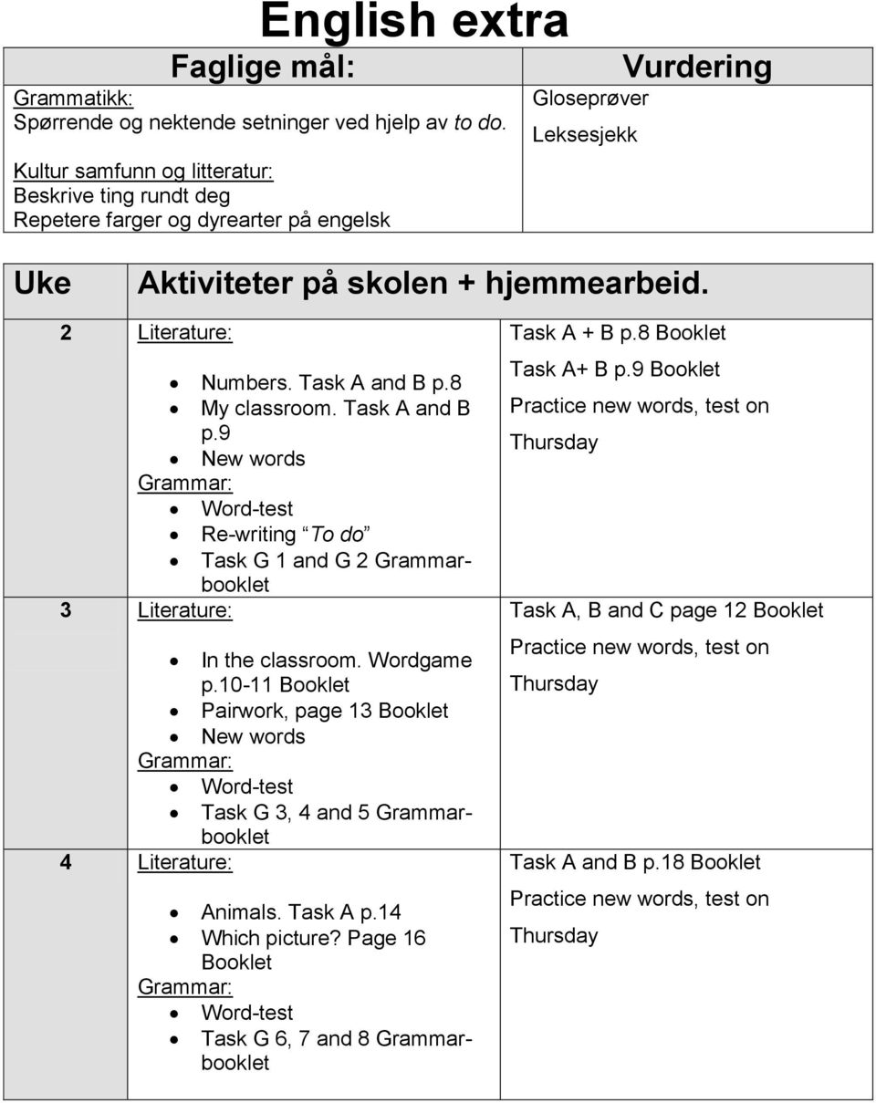 Task A and B p.8 My classroom. Task A and B p.9 New words Word-test Re-writing To do Task G 1 and G 2 Grammarbooklet 3 Literature: In the classroom. Wordgame p.