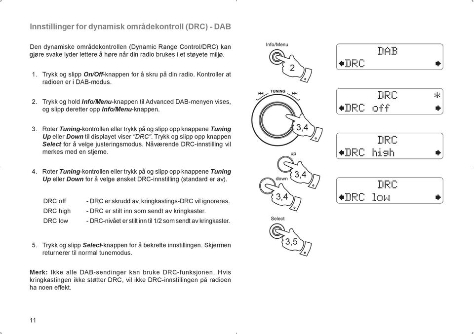 DRC DAB DRC DRC off * 3. Roter Tuning-kontrollen eller trykk på og slipp opp knappene Tuning Up eller Down til displayet viser "DRC". Trykk og slipp opp knappen Select for å velge justeringsmodus.