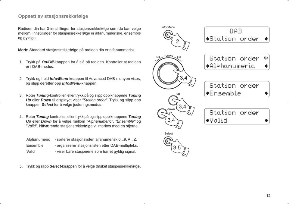 Station order Alphanumeric *. Trykk og hold Info/Menu-knappen til Advanced DAB-menyen vises, og slipp deretter opp Info/Menu-knappen. 3.