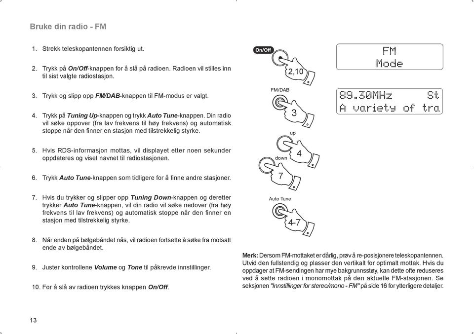 Din radio vil søke oppover (fra lav frekvens til høy frekvens) og automatisk stoppe når den finner en stasjon med tilstrekkelig styrke.,10 3 FM Mode 89.30MHz St A variety of tra 5.