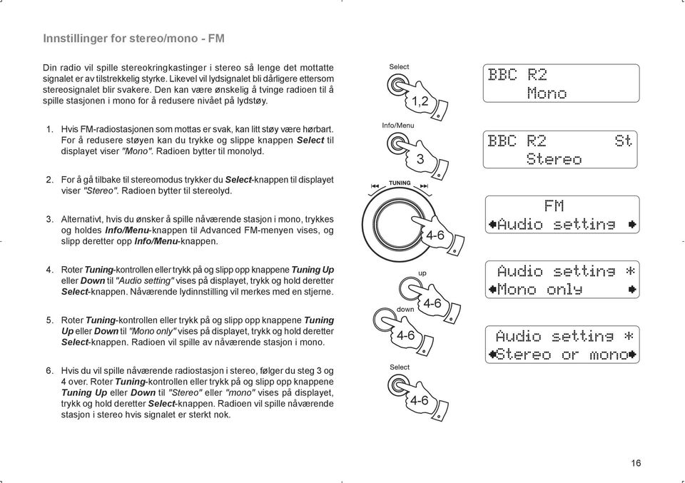Hvis FM-radiostasjonen som mottas er svak, kan litt støy være hørbart. For å redusere støyen kan du trykke og slippe knappen Select til displayet viser "Mono". Radioen bytter til monolyd.