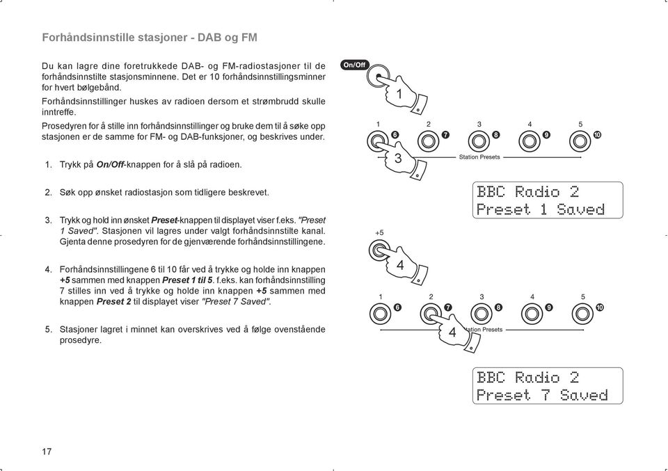 Prosedyren for å stille inn forhåndsinnstillinger og bruke dem til å søke opp stasjonen er de samme for FM- og DAB-funksjoner, og beskrives under. 1. Trykk på On/Off-knappen for å slå på radioen. 1 3.