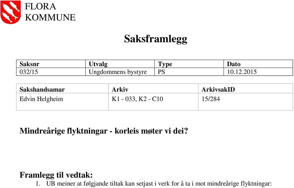 15/284 Mindreårige flyktningar - korleis møter vi dei? 1.