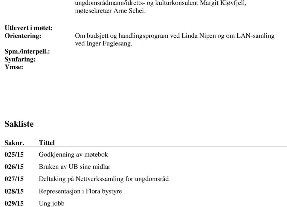 : Synfaring: Ymse: Om budsjett og handlingsprogram ved Linda Nipen og om LAN-samling ved Inger Fuglesang.