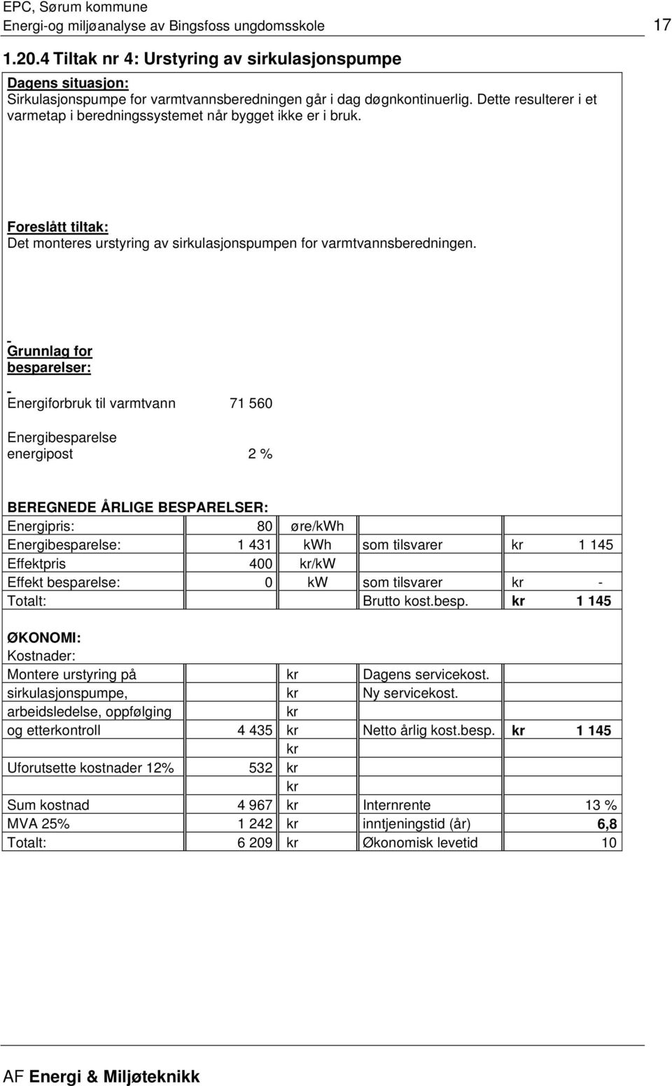 Grunnlag for besparelser: Energiforbruk til varmtvann 71 560 Energibesparelse energipost 2 % BEREGNEDE ÅRLIGE BESPARELSER: Energipris: 80 øre/kwh Energibesparelse: 1 431 kwh som tilsvarer 1 145