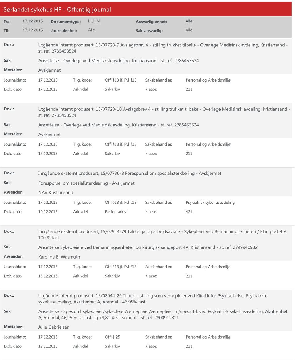 dato: Arkivdel: Sakarkiv tgående internt produsert, 15/07723-10 Avslagsbrev 4 - stilling trukket tilbake - Overlege Medisinsk avdeling, Kristiansand - st. ref.