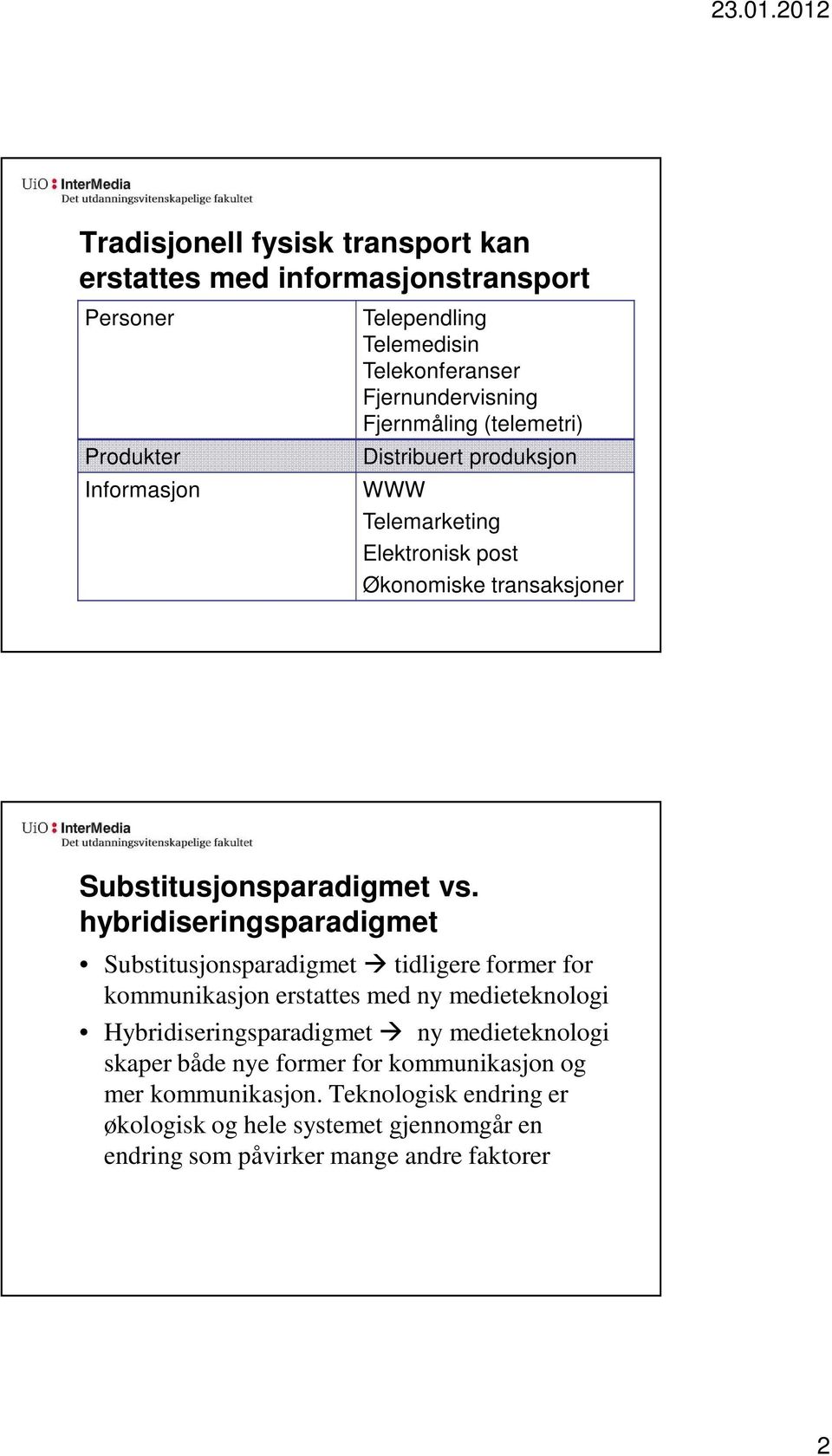 hybridiseringsparadigmet Substitusjonsparadigmet tidligere former for kommunikasjon erstattes med ny medieteknologi Hybridiseringsparadigmet ny