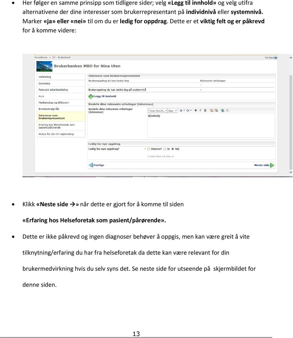 Dette er et viktig felt og er påkrevd for å komme videre: Klikk «Neste side» når dette er gjort for å komme til siden «Erfaring hos Helseforetak som pasient/pårørende».