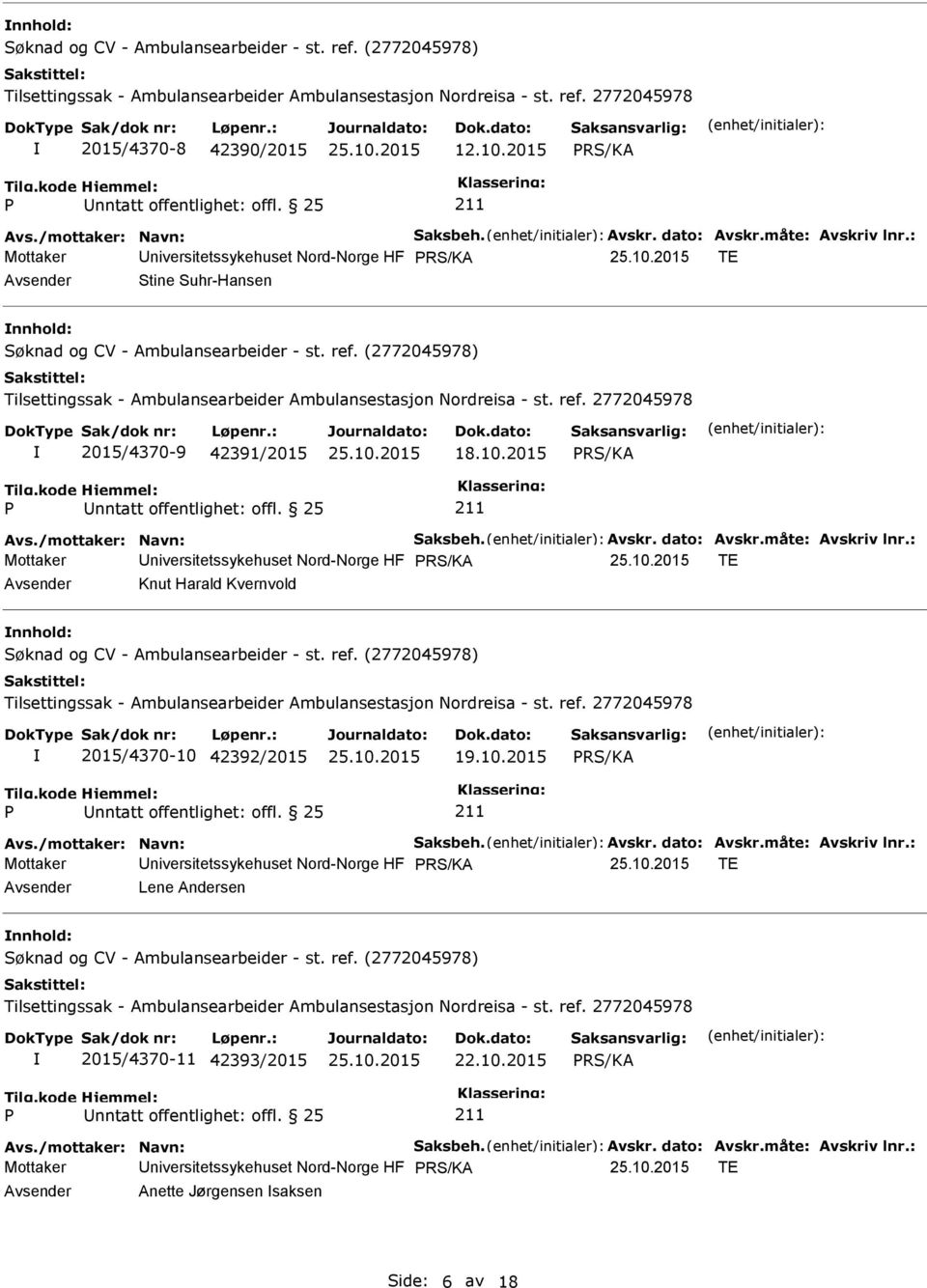 (2772045978) Tilsettingssak - Ambulansearbeider Ambulansestasjon Nordreisa - st. ref. 2772045978 2015/4370-9 91/2015 18.10.2015 nntatt offentlighet: offl. 25 Avs./mottaker: Navn: Saksbeh. Avskr.