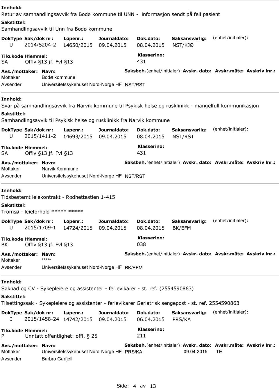 : Mottaker Bodø kommune niversitetssykehuset Nord-Norge HF NST/RST Svar på samhandlingsavvik fra Narvik kommune til sykisk helse og rusklinikk - mangelfull kommunikasjon Samhandlingsavvik til sykisk