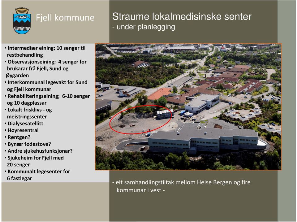 10 dagplassar Lokalt frisklivs-og meistringssenter Dialysesatellitt Høyresentral Røntgen? Bynær fødestove? Andre sjukehusfunksjonar?